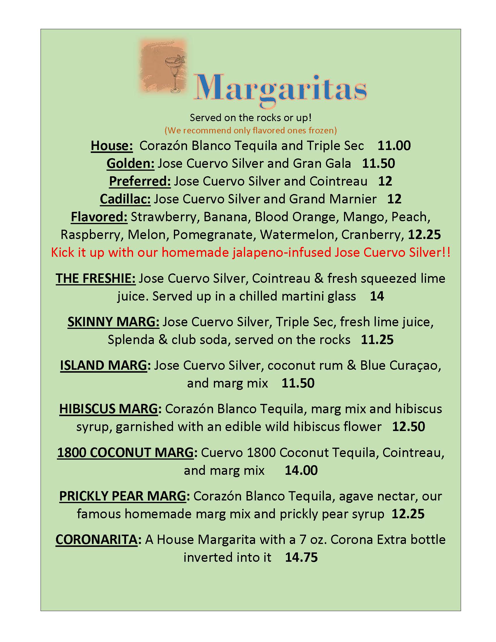 Margaritas menu with prices.