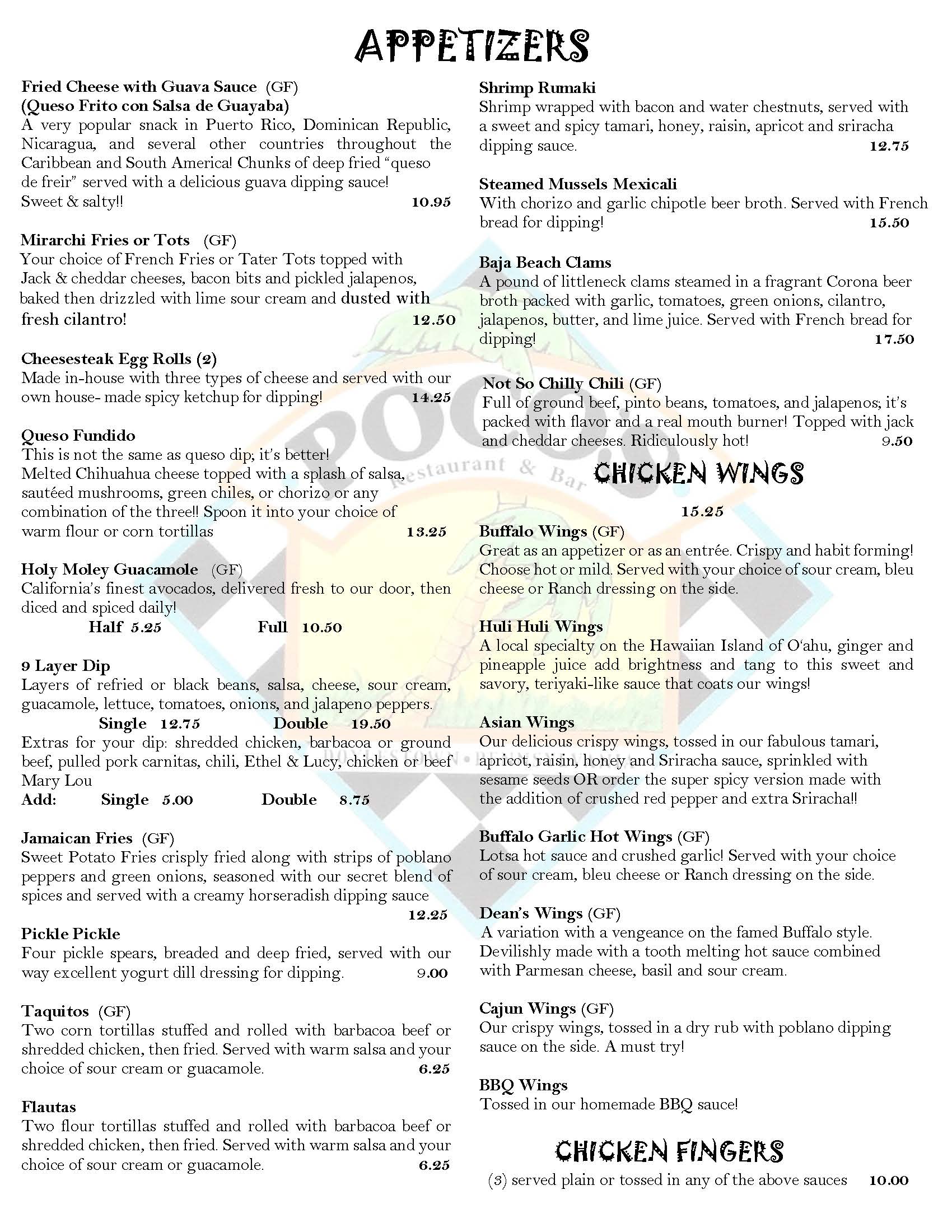 A menu page detailing appetizers, chicken wings, and chicken fingers. Items include Fried Cheese with Guava Sauce, Cheesesteak Egg Rolls, Holy Moly Guacamole, and Buffalo Wings, among others. Prices are listed.