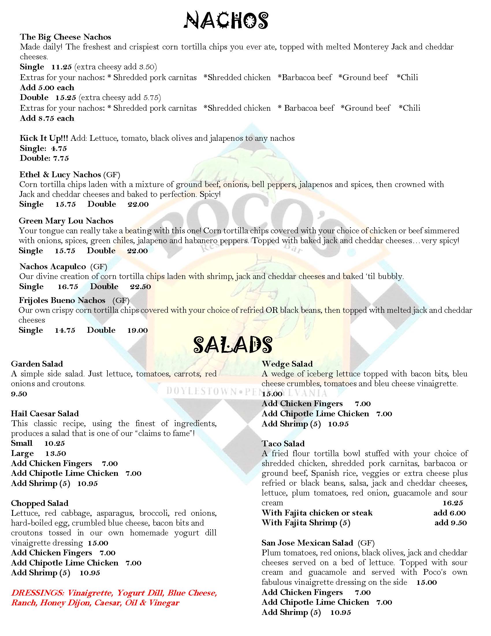 Image shows a menu featuring appetizers and salads. Sections include "Nachos" with various topping options, and "Salads" with choices like taco and grilled chicken salads. Prices range from $3.50 to $13.95.