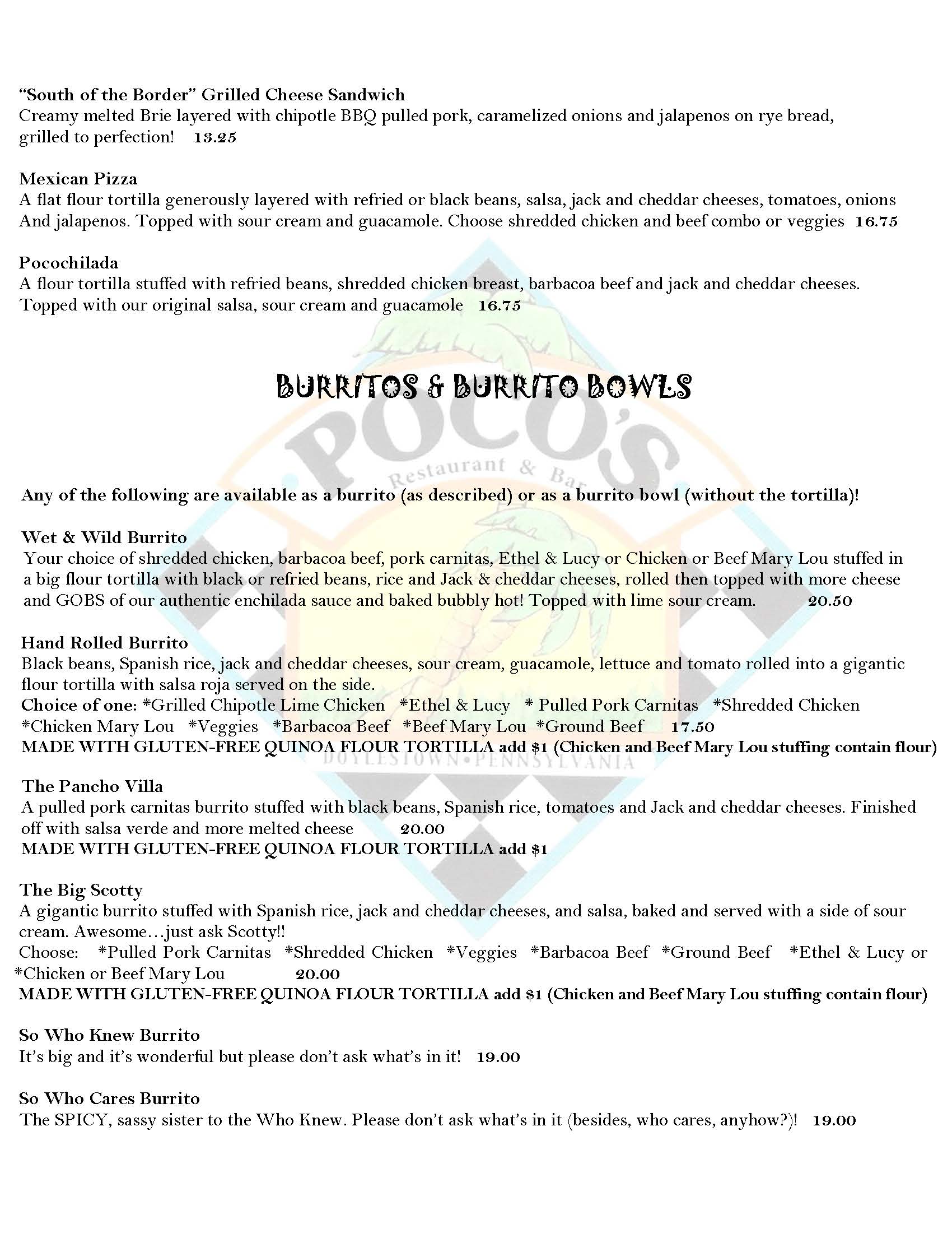 A menu featuring various types of burritos and burrito bowls with details of ingredients and prices, including options like grilled cheese sandwich, Mexican pizza, and stuffed burrito bowl.