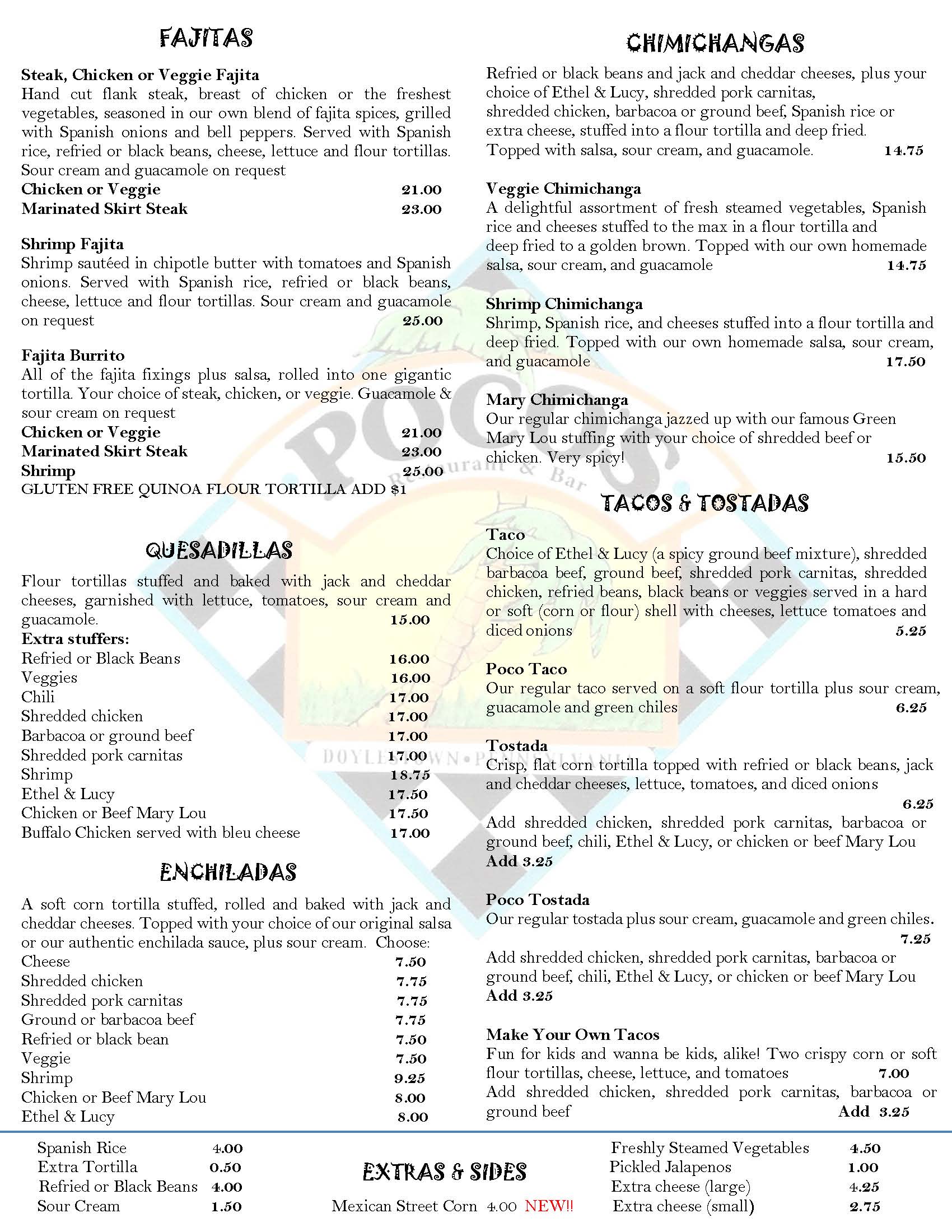 A Mexican restaurant menu featuring fajitas, chimichangas, quesadillas, tacos, tostadas, enchiladas, burritos, entrees, sides, and new items such as Chicken Mole. Prices range from $4.95 to $23.00.