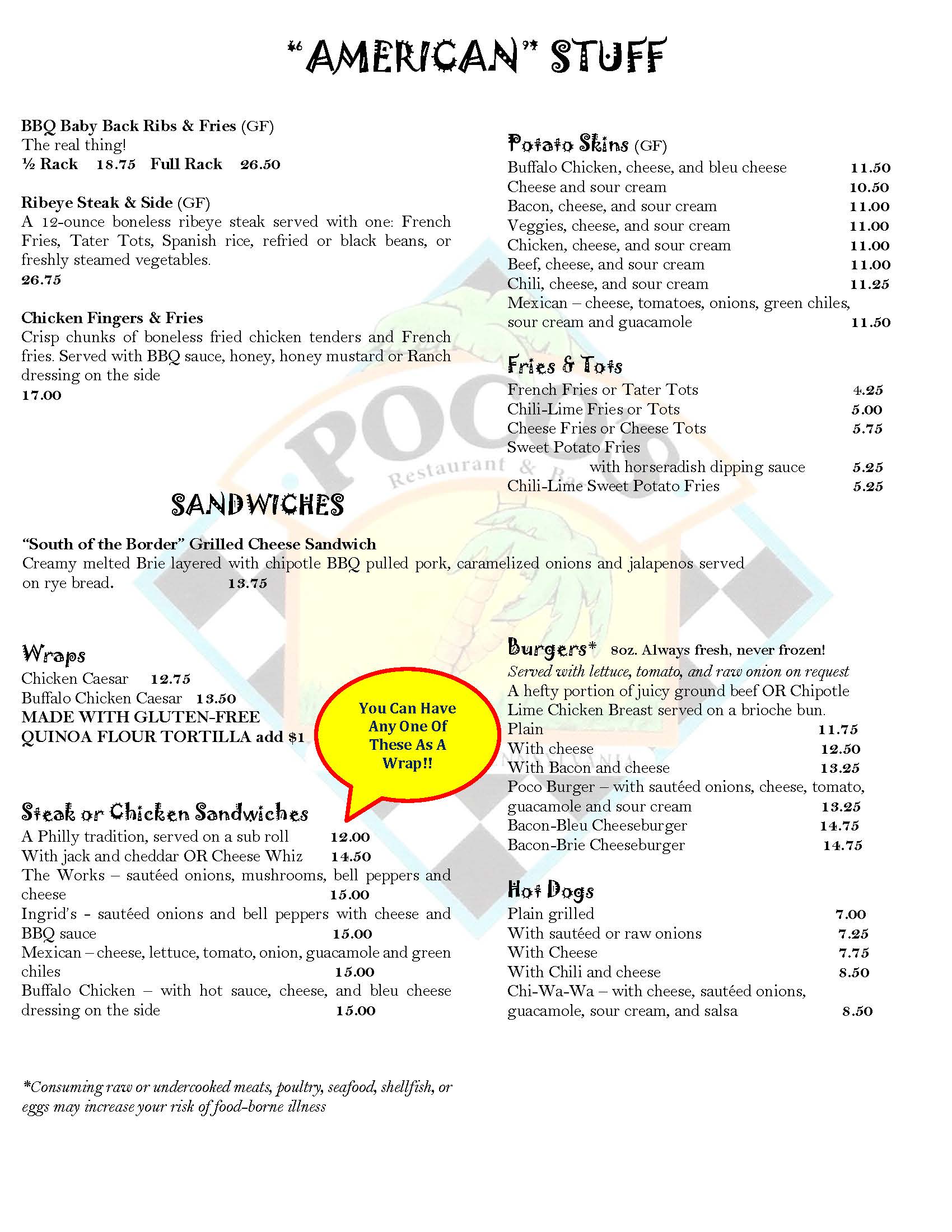 Menu titled "American Stuff" featuring sections for ribs, chicken tenders, potato sides, fries, burgers, sandwiches, and wraps. Includes various food items with descriptions and prices.