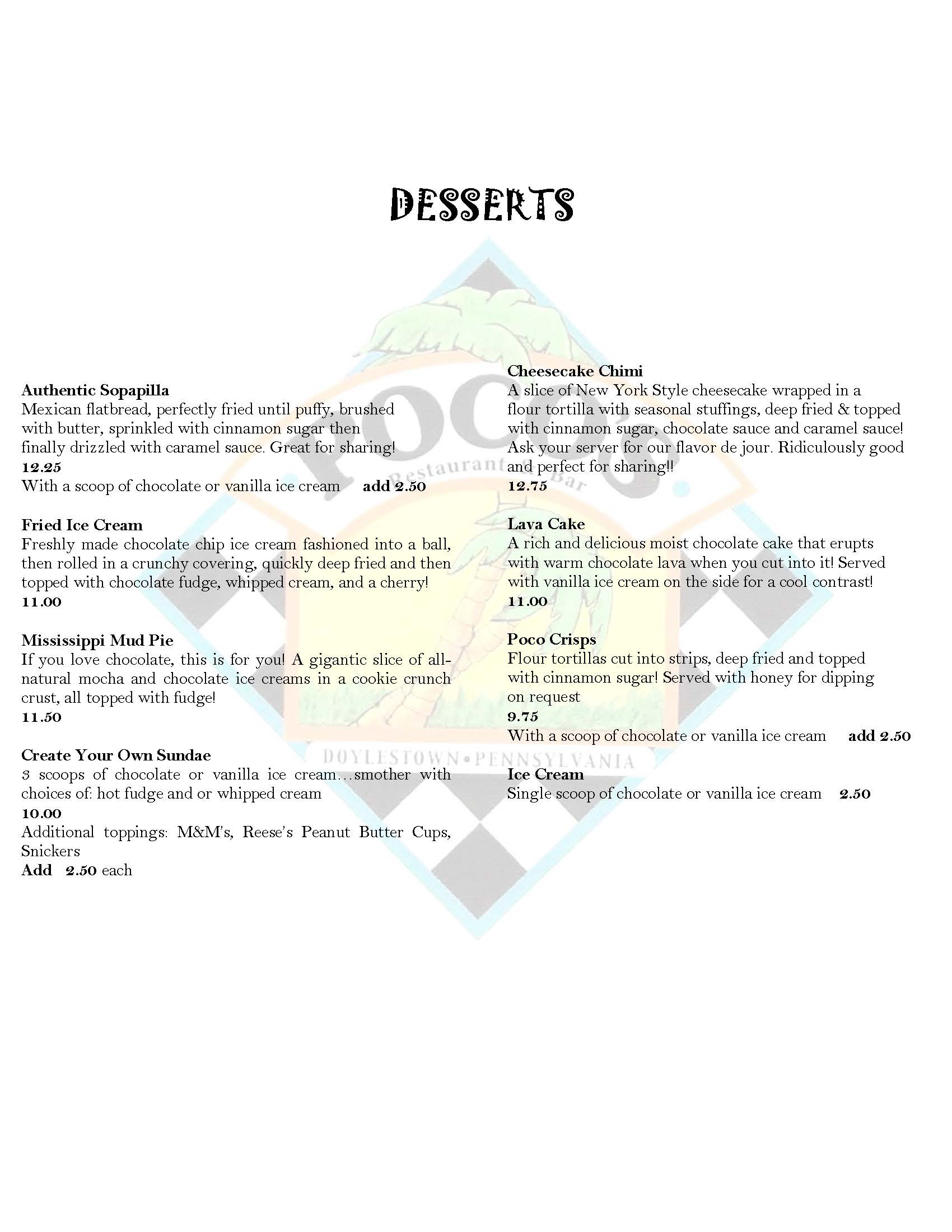 A menu page labeled "Desserts" featuring items like Authentic Sopapilla, Fried Ice Cream, Mississippi Mud Pie, Create Your Own Sundae, Cheesecake Chimí, Lava Cake, and Ice Cream Scoops with descriptions and prices.